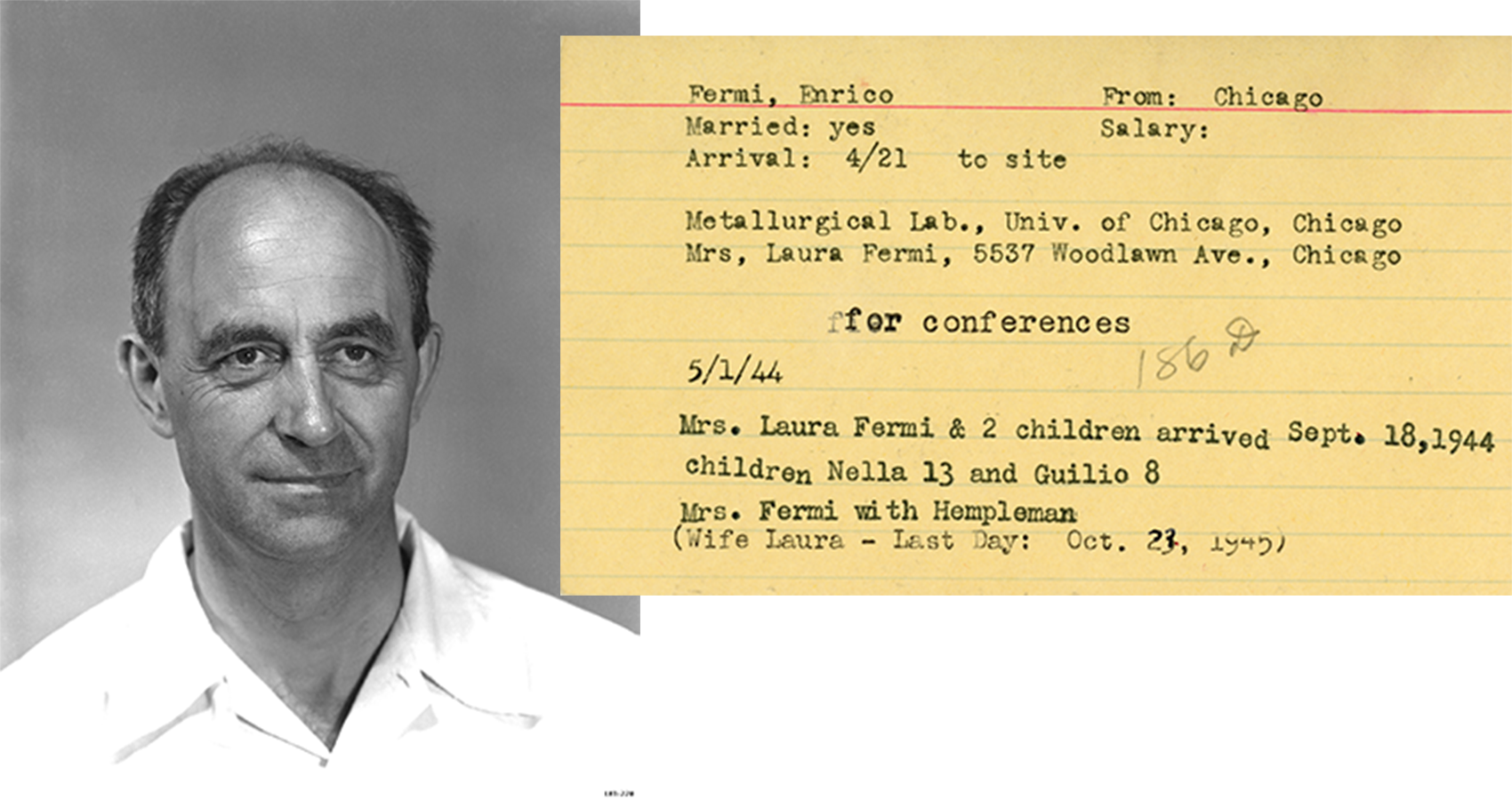A portrait of Enrico Fermi on the left and a personel card with information about his wife and children on the left.